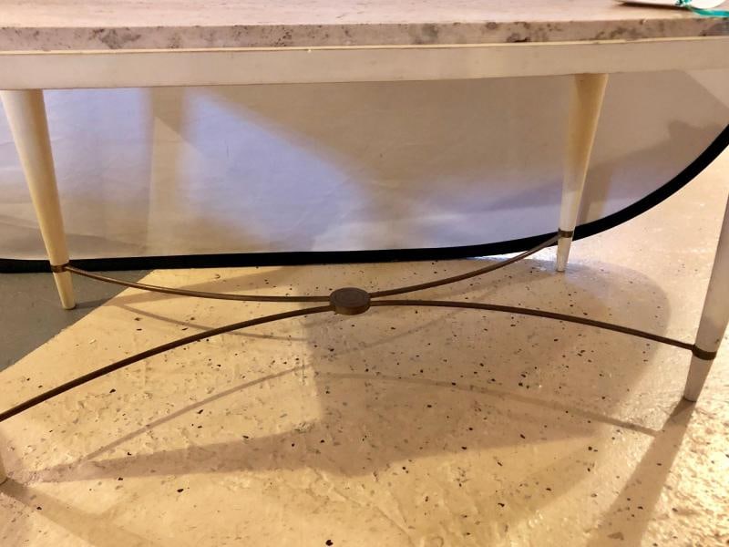 Mid-Century Modern Coffee Table Inset Travertine Marble-Top and Brass Stretcher - 5
