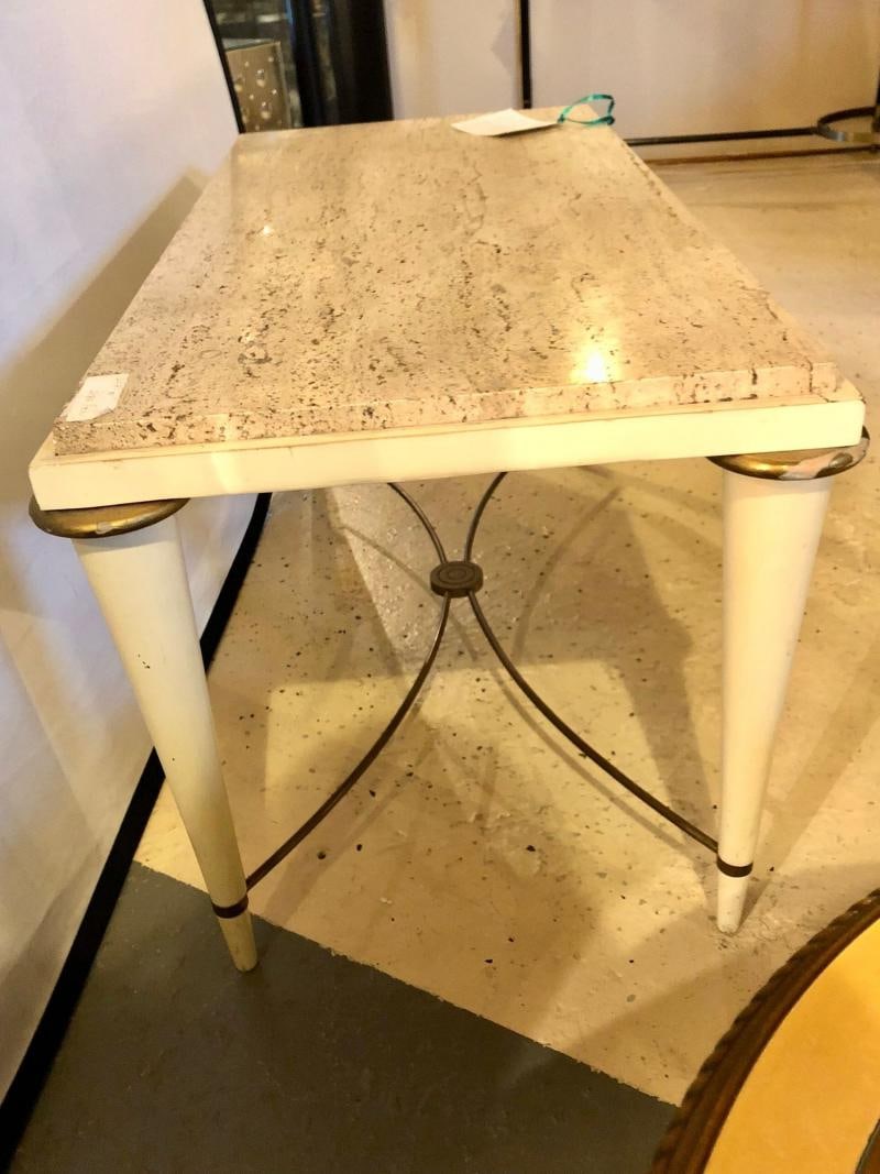 Mid-Century Modern Coffee Table Inset Travertine Marble-Top and Brass Stretcher - 7