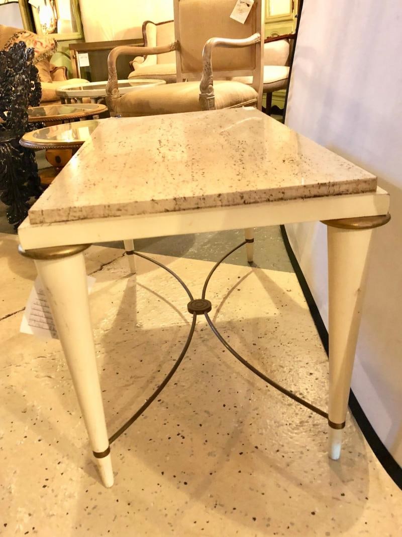 Mid-Century Modern Coffee Table Inset Travertine Marble-Top and Brass Stretcher - 8
