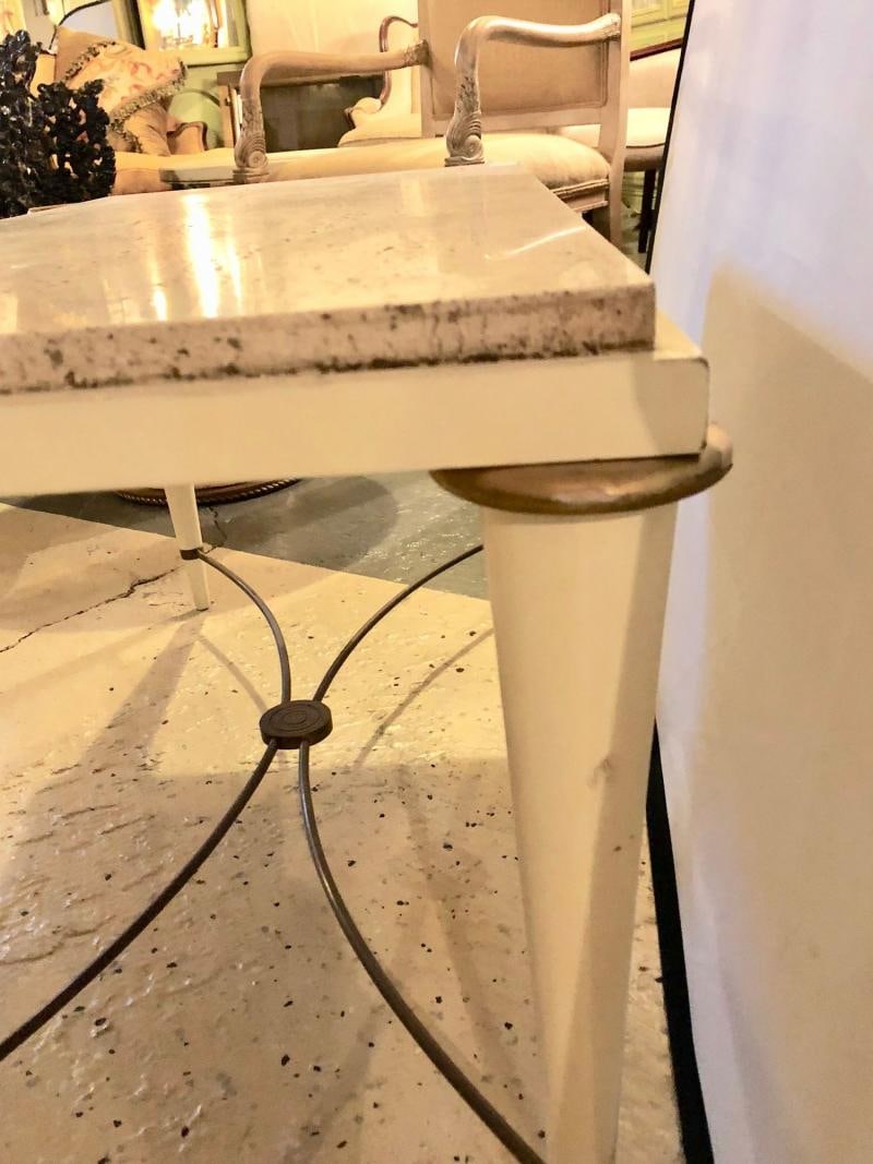 Mid-Century Modern Coffee Table Inset Travertine Marble-Top and Brass Stretcher - 9