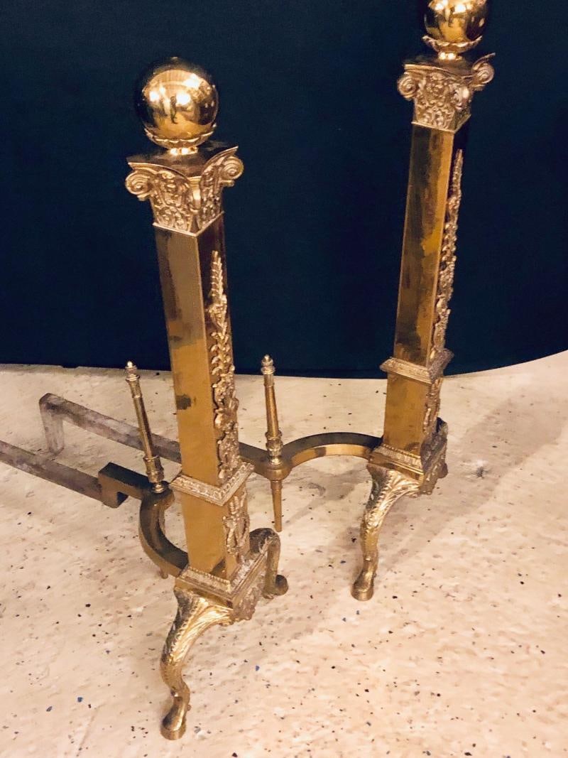Fine Pair of Large and Impressive Louis XVI Style Brass and Irons - 3
