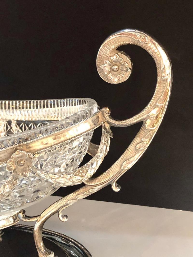 George III Style Silver Plated Oval Center Bowl with Cut Glass Liner - 12