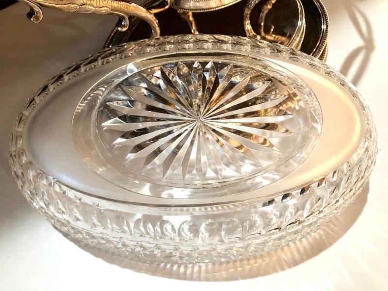 George III Style Silver Plated Oval Center Bowl with Cut Glass Liner - 9