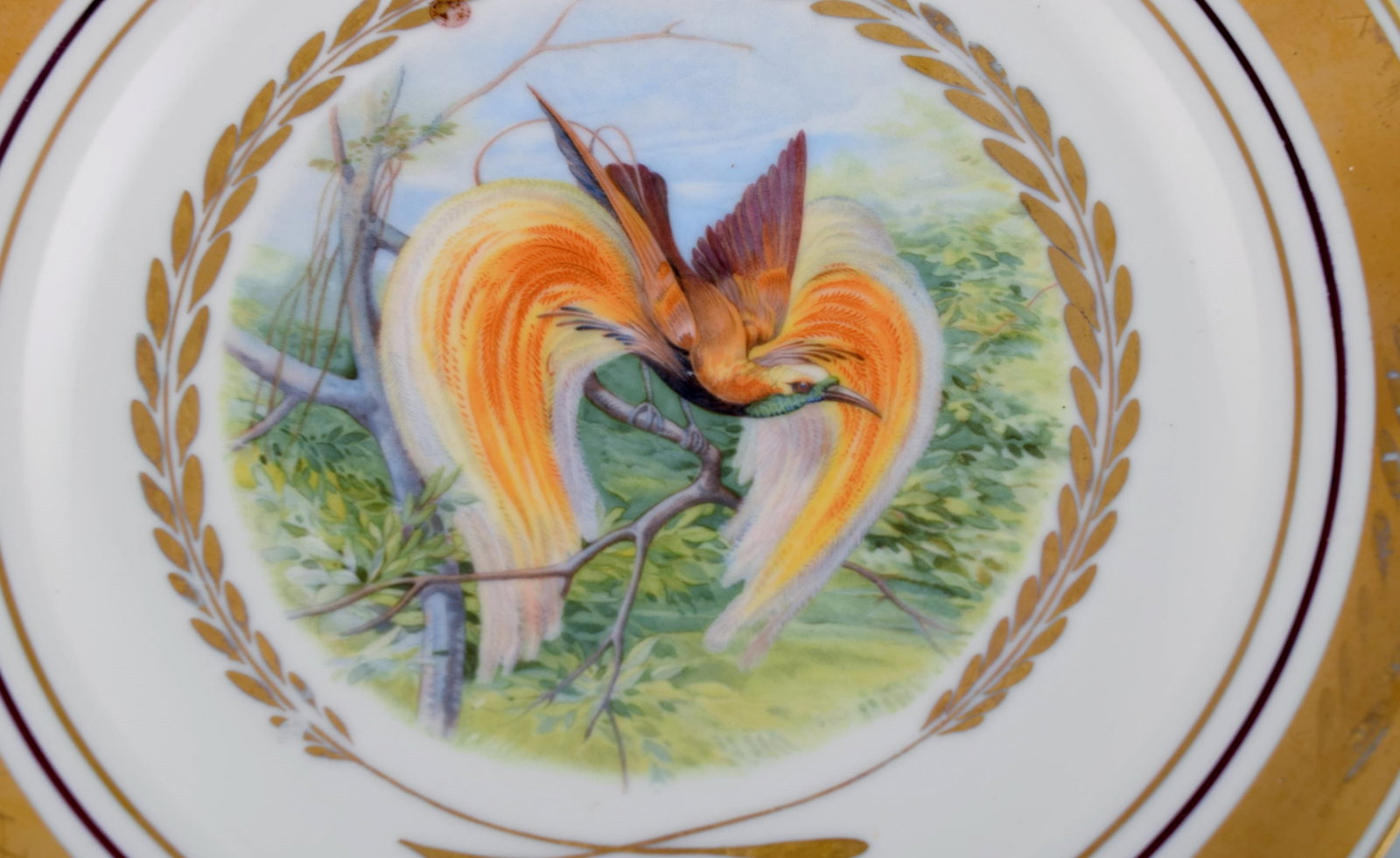 Royal Copenhagen. Set of five large dinner / decoration plates with hand painted bird motifs. Dated - 4