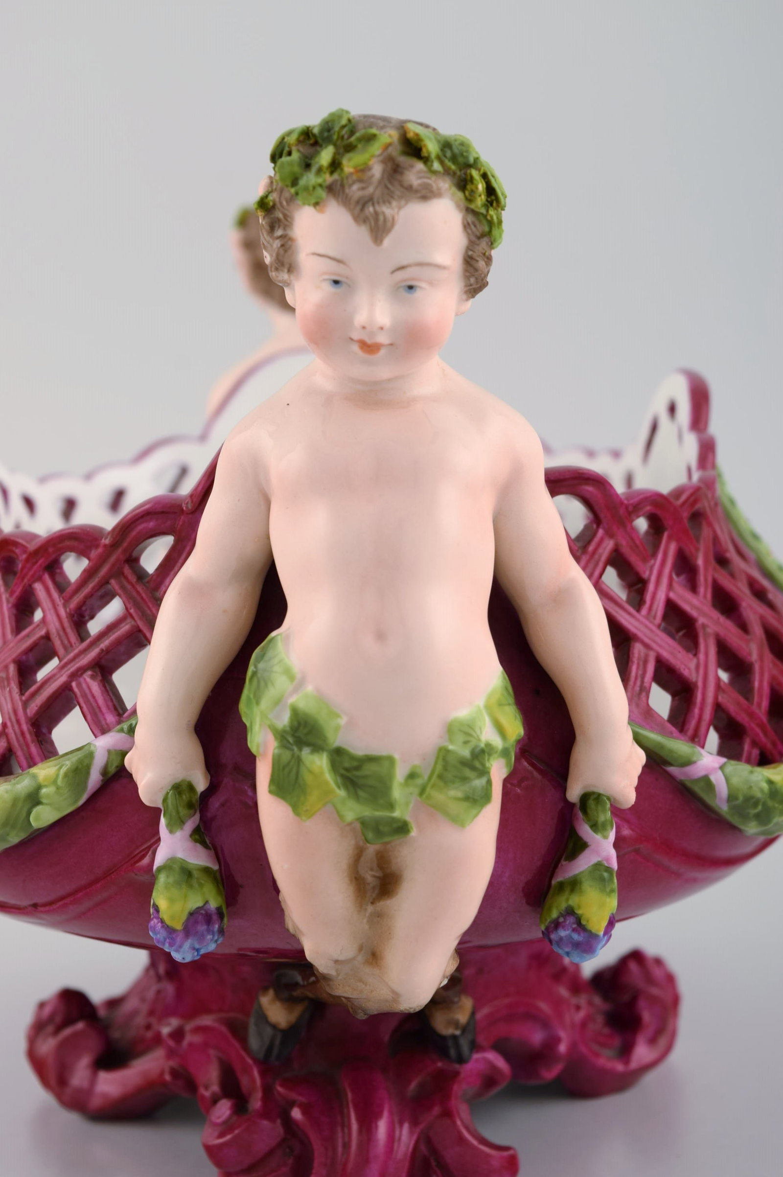 Large antique Meissen centrepiece in openwork hand-painted porcelain decorated with fauns. Approx. - 3