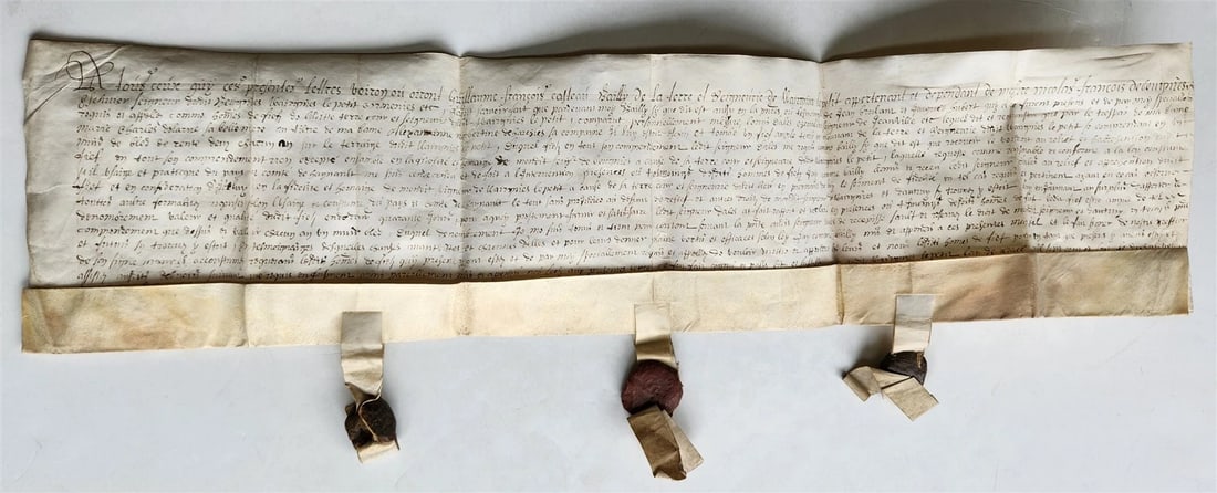 1707 MANUSCRIPT on VELLUM ANTIQUE LEGAL DOCUMENT w/ WAX SEALS in French - 2