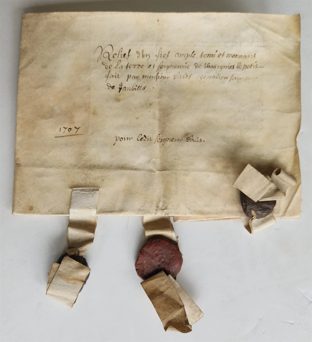 1707 MANUSCRIPT on VELLUM ANTIQUE LEGAL DOCUMENT w/ WAX SEALS in French - 3