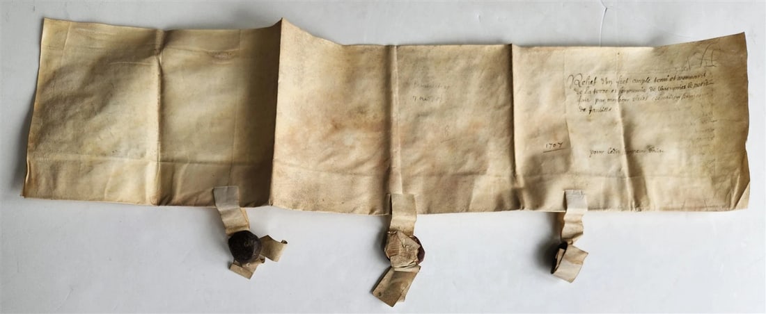 1707 MANUSCRIPT on VELLUM ANTIQUE LEGAL DOCUMENT w/ WAX SEALS in French - 6