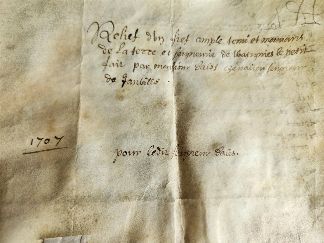 1707 MANUSCRIPT on VELLUM ANTIQUE LEGAL DOCUMENT w/ WAX SEALS in French - 7