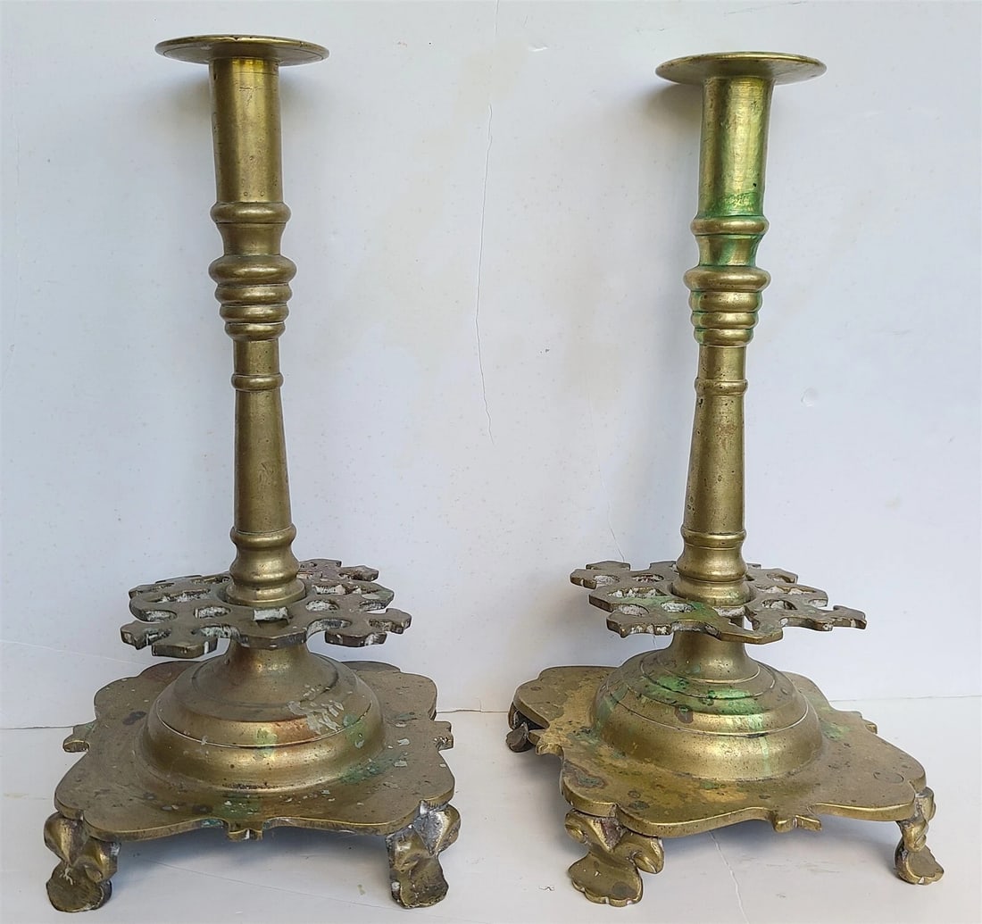 17th century RUSSIAN BRONZE PAIR of CANDLESTICKS antique RARE - 2