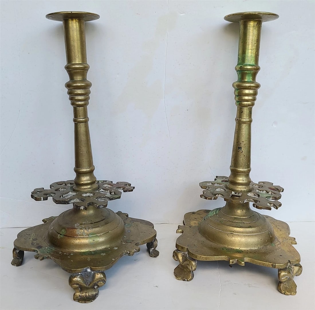 17th century RUSSIAN BRONZE PAIR of CANDLESTICKS antique RARE - 3