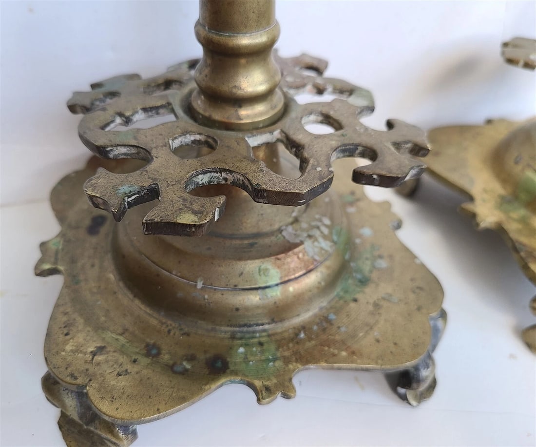 17th century RUSSIAN BRONZE PAIR of CANDLESTICKS antique RARE - 5
