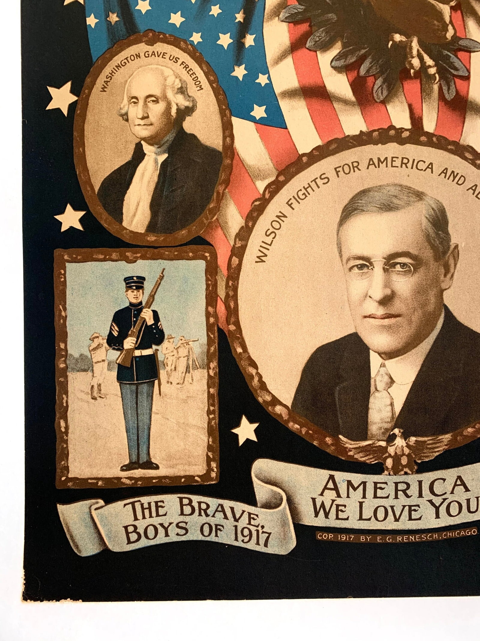 America We Love You - Wilson, Lincoln, Washington (1917) US WWI Memorial Poster LB - 2