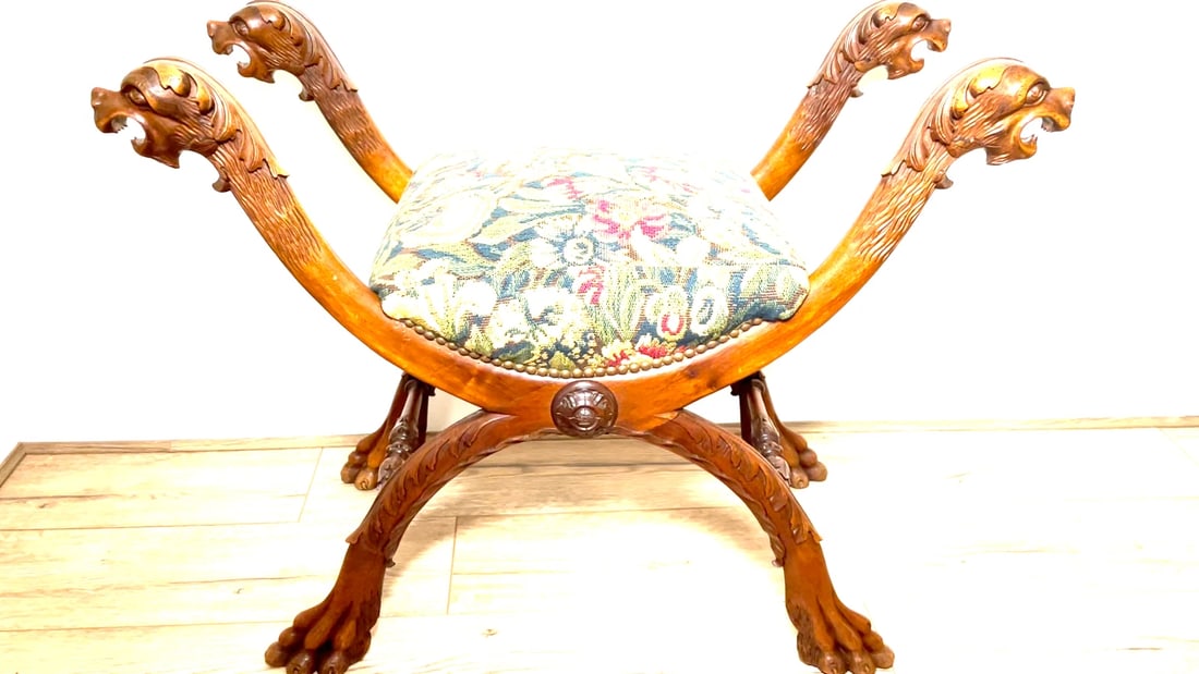 Victorian Curved X Frame Carved Walnut Window Seat Stool Hunting Dog Heads - 2
