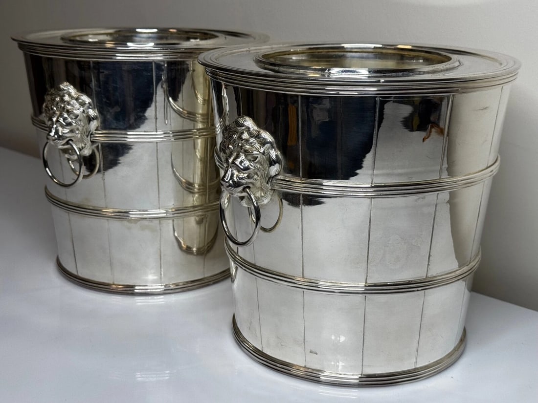 Set Regency Revival Style Lion Barrel Silver Plate Xmas Champagne Bucket Coolers - 18