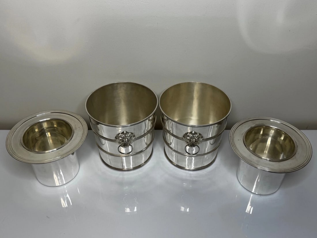 Set Regency Revival Style Lion Barrel Silver Plate Xmas Champagne Bucket Coolers - 19