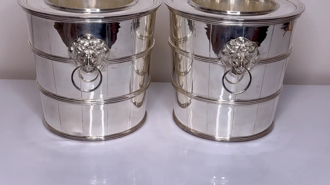 Set Regency Revival Style Lion Barrel Silver Plate Xmas Champagne Bucket Coolers - 2