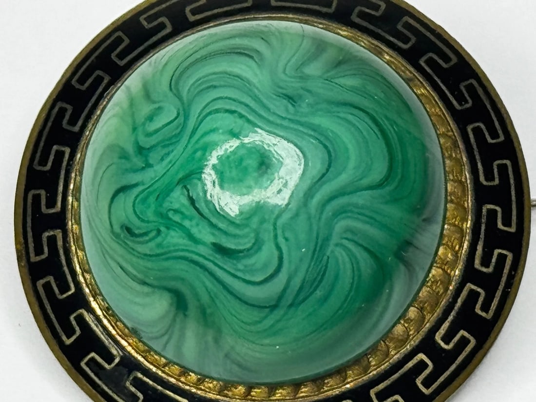 Victorian Neoclassical Revival Malachite Cabochon Greek Key Enamel Brooch c.1865 - 10