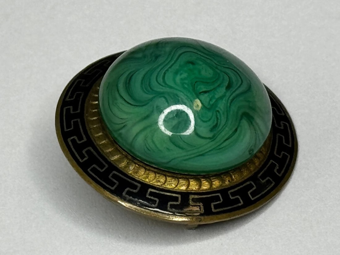 Victorian Neoclassical Revival Malachite Cabochon Greek Key Enamel Brooch c.1865 - 11