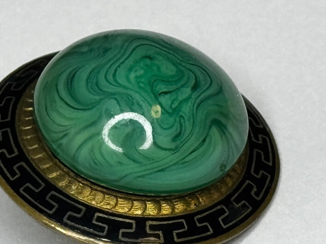 Victorian Neoclassical Revival Malachite Cabochon Greek Key Enamel Brooch c.1865 - 12