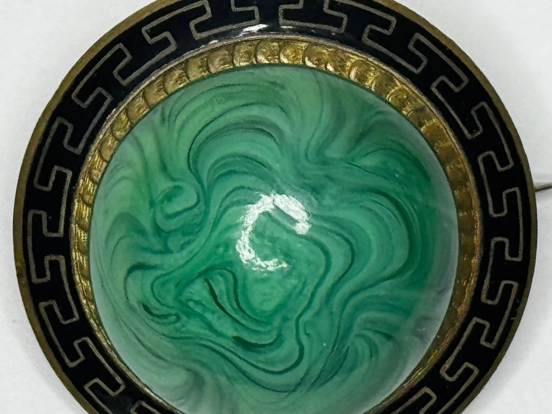 Victorian Neoclassical Revival Malachite Cabochon Greek Key Enamel Brooch c.1865 - 13