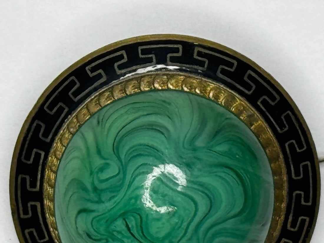 Victorian Neoclassical Revival Malachite Cabochon Greek Key Enamel Brooch c.1865 - 14
