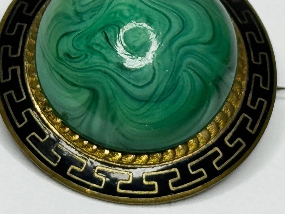 Victorian Neoclassical Revival Malachite Cabochon Greek Key Enamel Brooch c.1865 - 15
