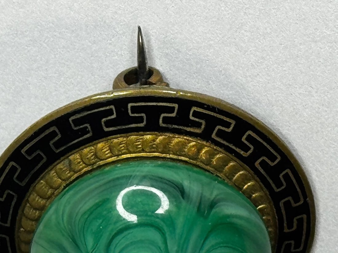 Victorian Neoclassical Revival Malachite Cabochon Greek Key Enamel Brooch c.1865 - 16