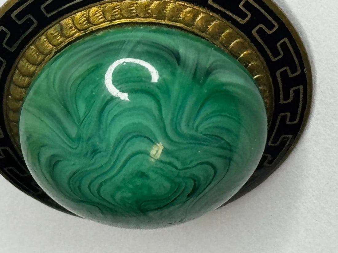 Victorian Neoclassical Revival Malachite Cabochon Greek Key Enamel Brooch c.1865 - 17