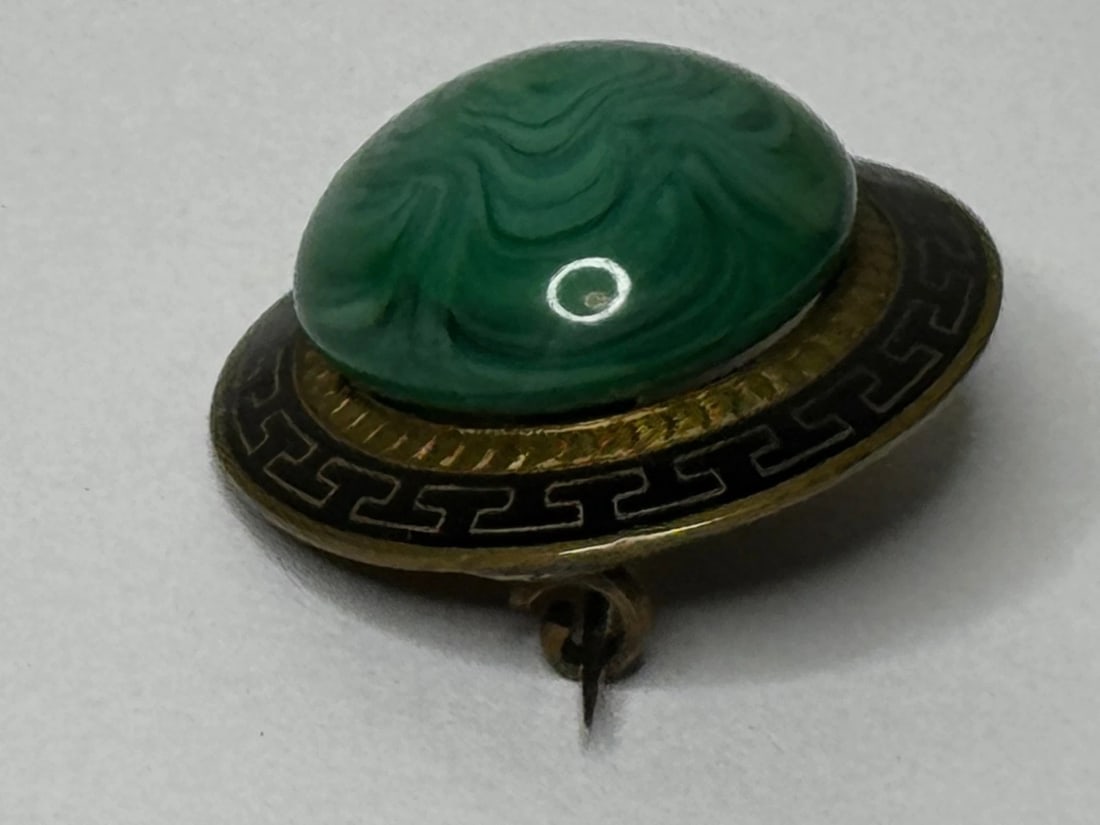 Victorian Neoclassical Revival Malachite Cabochon Greek Key Enamel Brooch c.1865 - 18