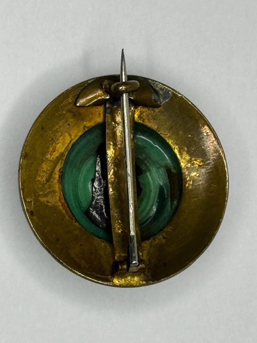 Victorian Neoclassical Revival Malachite Cabochon Greek Key Enamel Brooch c.1865 - 19