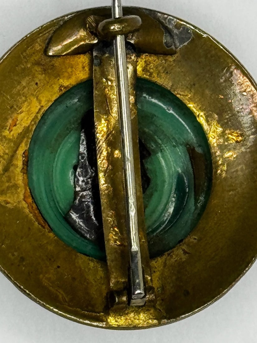 Victorian Neoclassical Revival Malachite Cabochon Greek Key Enamel Brooch c.1865 - 20