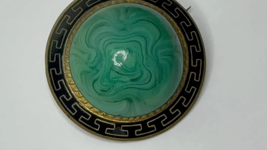 Victorian Neoclassical Revival Malachite Cabochon Greek Key Enamel Brooch c.1865 - 2