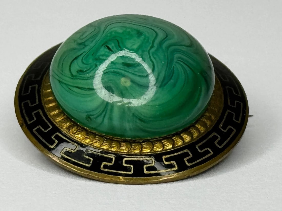 Victorian Neoclassical Revival Malachite Cabochon Greek Key Enamel Brooch c.1865 - 3