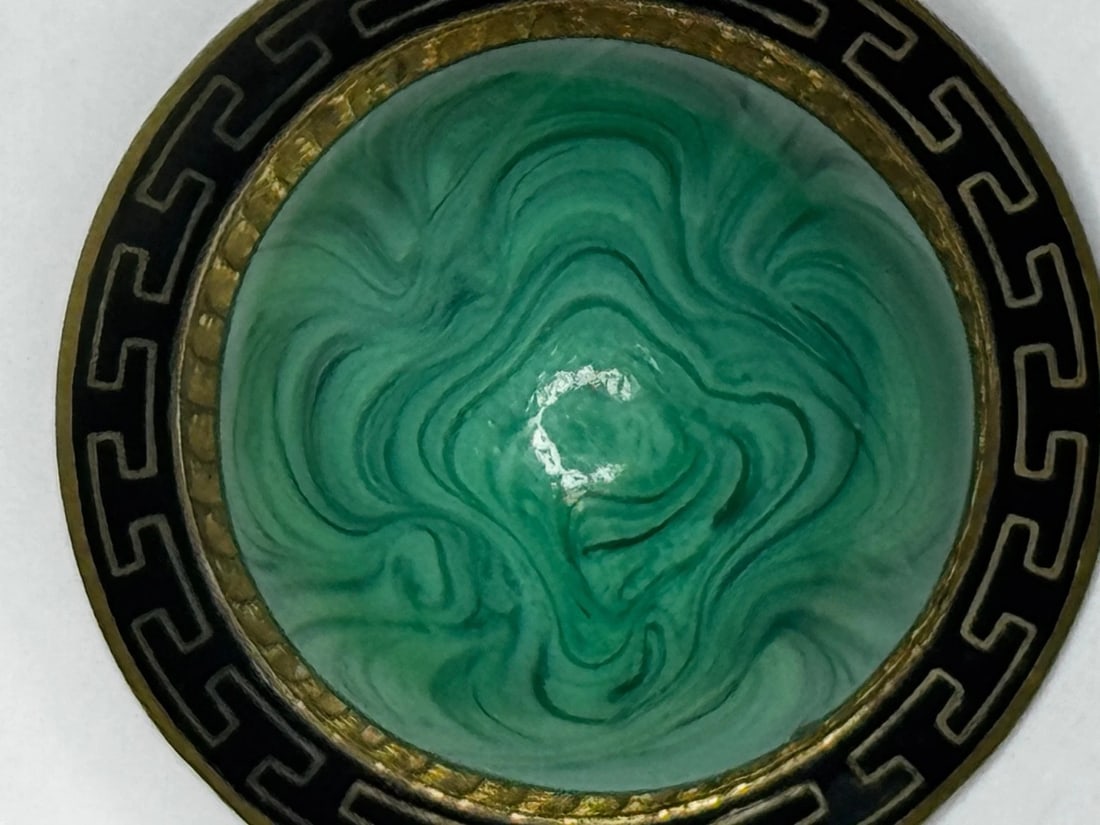 Victorian Neoclassical Revival Malachite Cabochon Greek Key Enamel Brooch c.1865 - 5