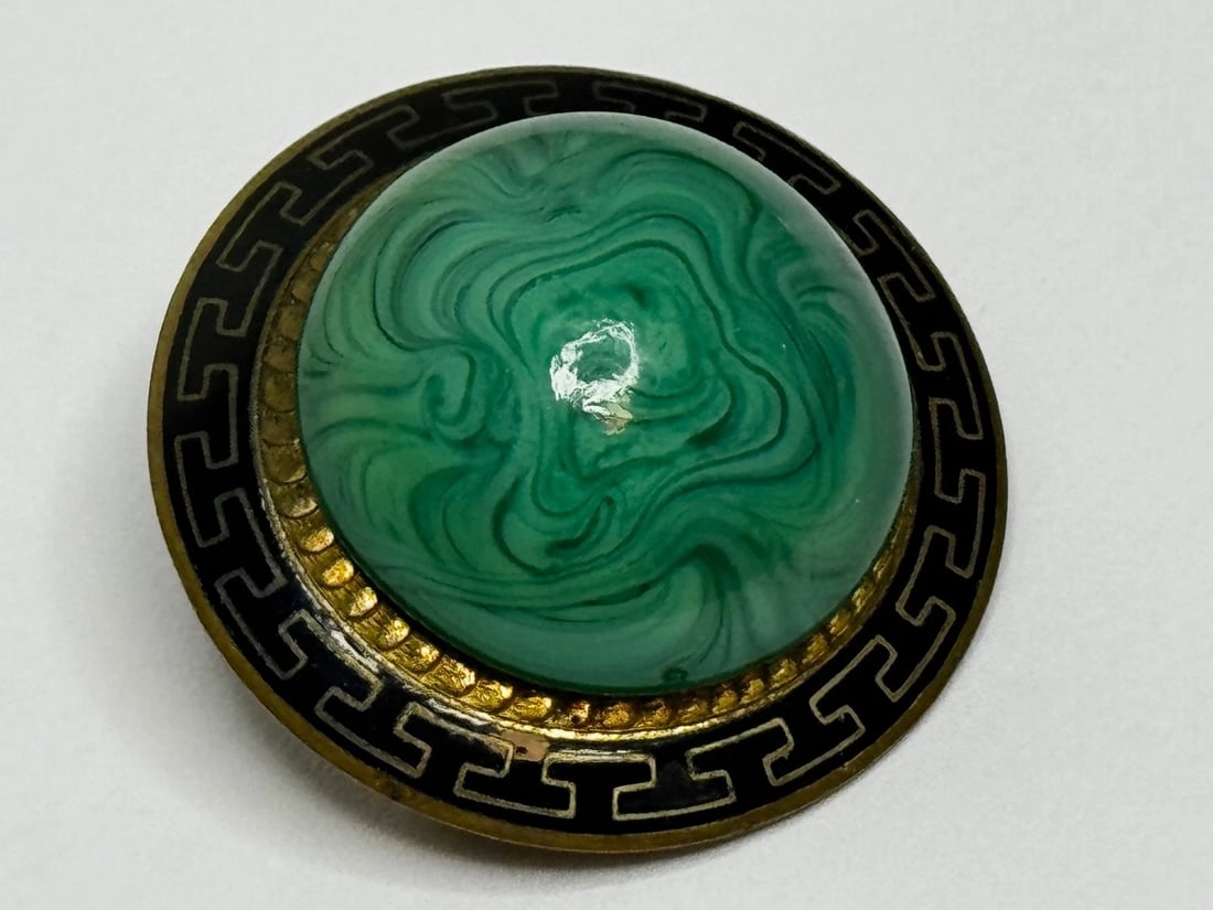Victorian Neoclassical Revival Malachite Cabochon Greek Key Enamel Brooch c.1865 - 6