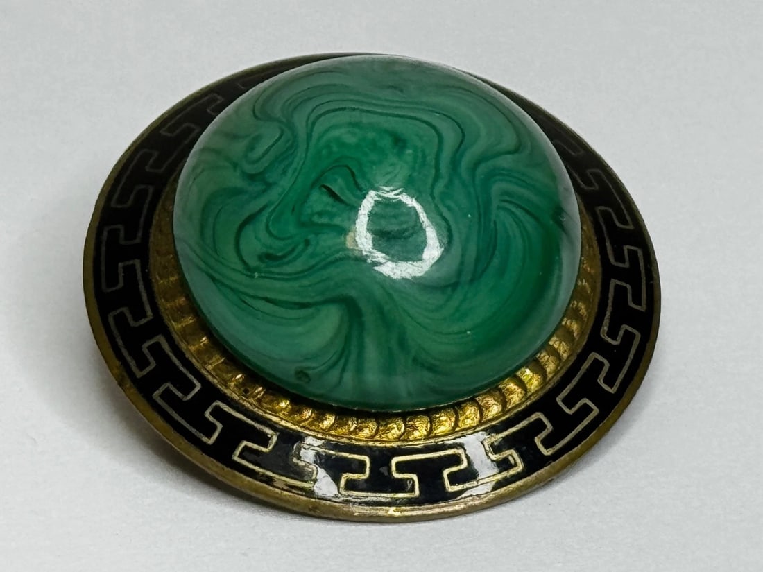Victorian Neoclassical Revival Malachite Cabochon Greek Key Enamel Brooch c.1865 - 7