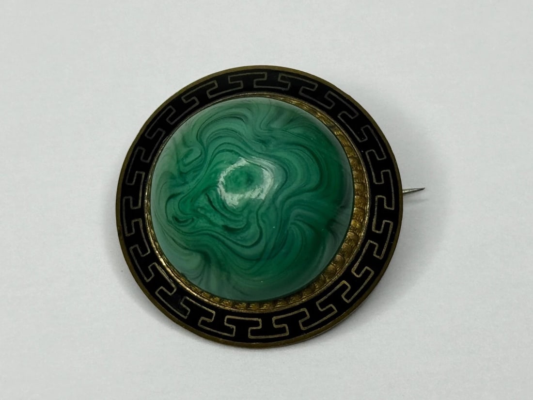 Victorian Neoclassical Revival Malachite Cabochon Greek Key Enamel Brooch c.1865 - 8