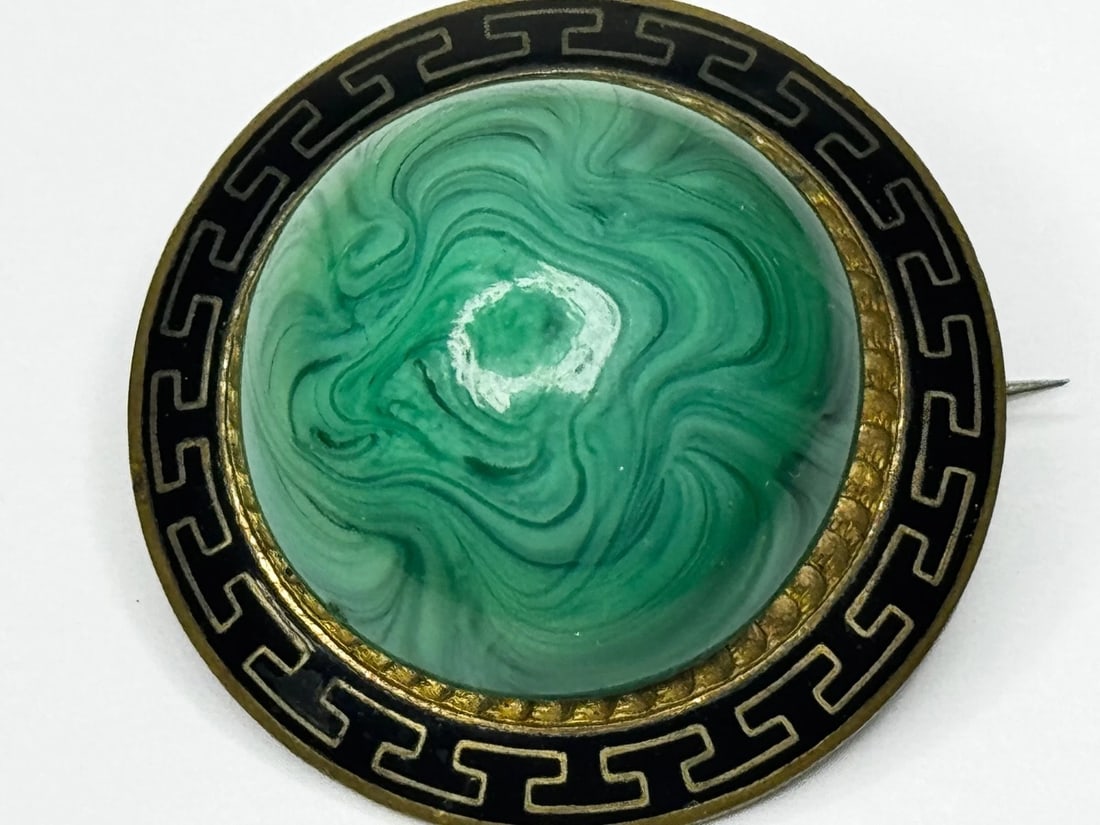 Victorian Neoclassical Revival Malachite Cabochon Greek Key Enamel Brooch c.1865 - 9