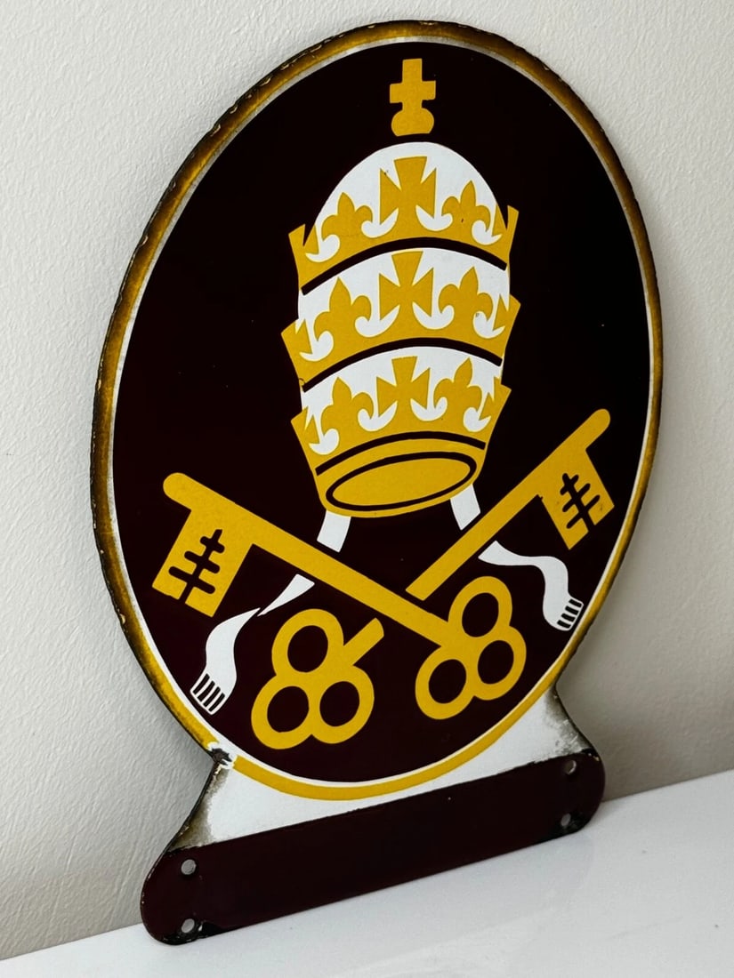 Unique Small Religious Enamel Sign Pope Vatican City State - 16