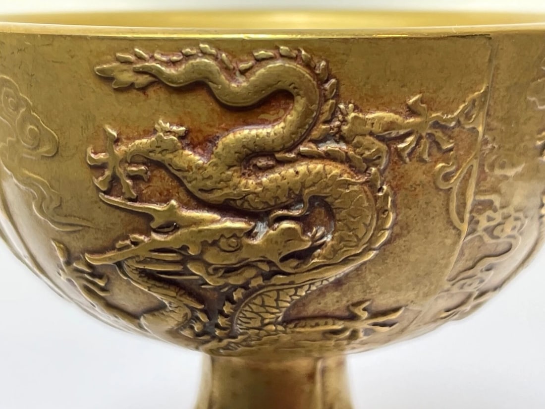 Small Chinese Qing Dynasty Gilded Bronze Drinking Vessel Dragon Wine Goblet - 12