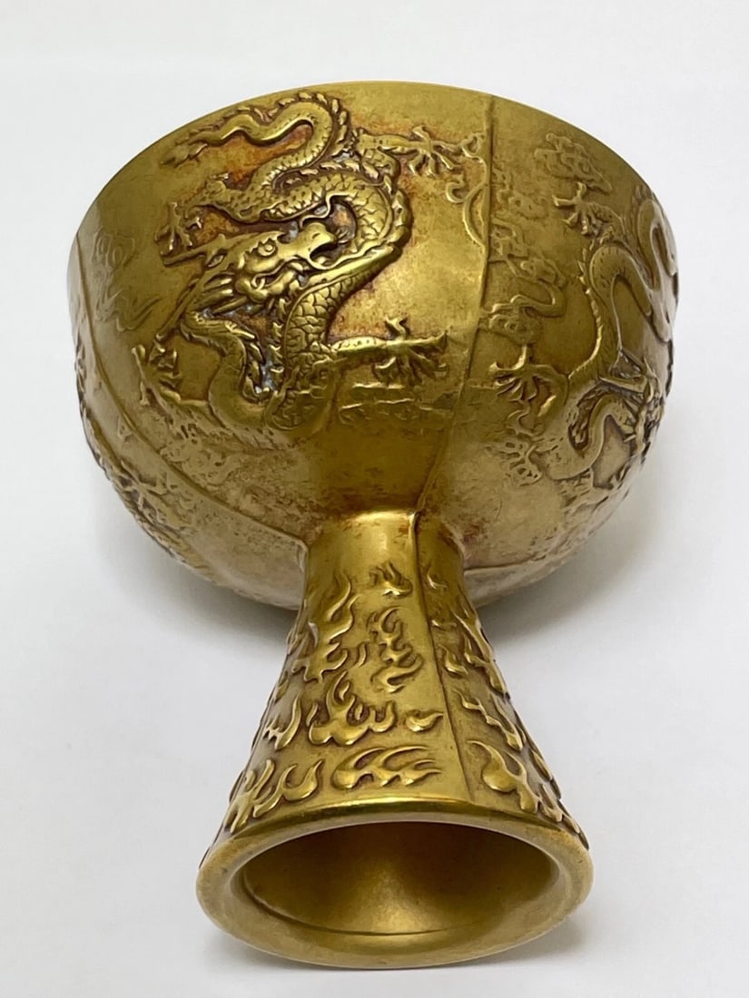 Small Chinese Qing Dynasty Gilded Bronze Drinking Vessel Dragon Wine Goblet - 3