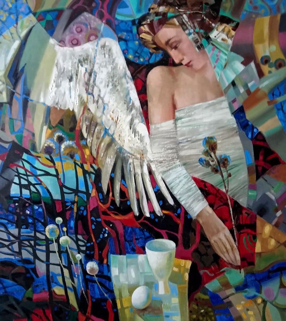 Abstract oil painting Nostalgia Anatoly Borisovich Tarabanov: Title: Abstract oil painting Nostalgia Anatoly Borisovich Tarabanov Description: NoTar 284 The oil painting depicts a young girl positioned towards the right side of the canvas. She holds a vibrant bl