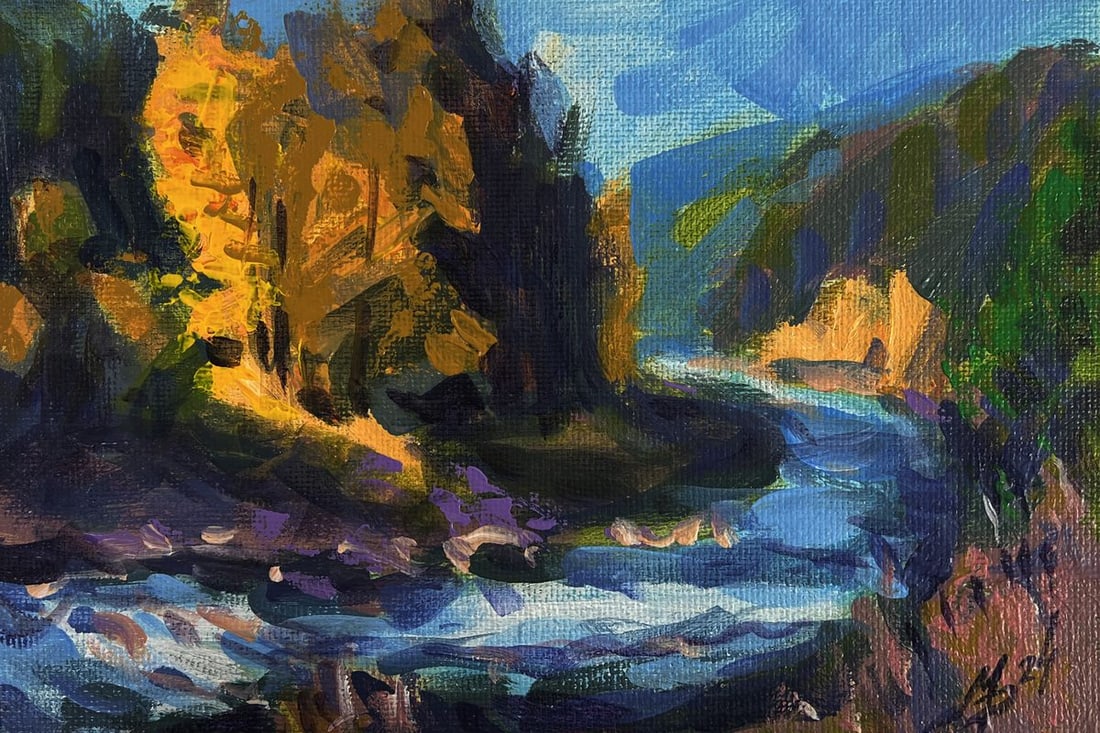 Acrylic painting Fast river in the forest Mykhailo Patskan - 3