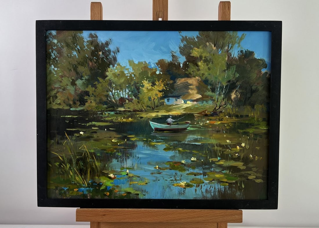 Oil painting Quiet fishing Yuriy Suprunchuk: Title: Oil painting Quiet fishing Yuriy Suprunchuk Description: AAA4944The oil painting on cardboard titled "Quiet Fishing" transports the viewer to a serene and intimate corner of the natural world, 