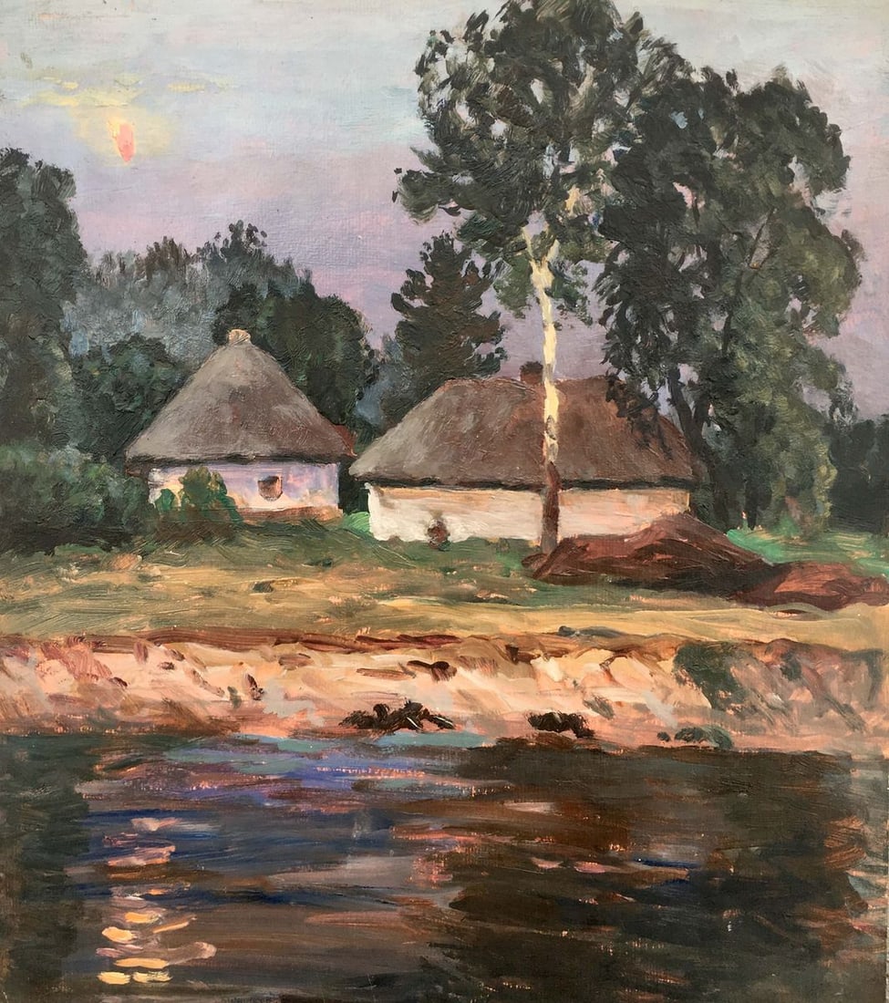 Landscape of village oil painting: Title: Landscape of village oil painting Description: 263 * TITLE: "Landscape of village" * ARTISTS: A.G.Cherkas * SIZE: 45x40 cm/'17.74x15.74 inches' * MEDIUM: oil, cardboard * HAND PAINTED: Original