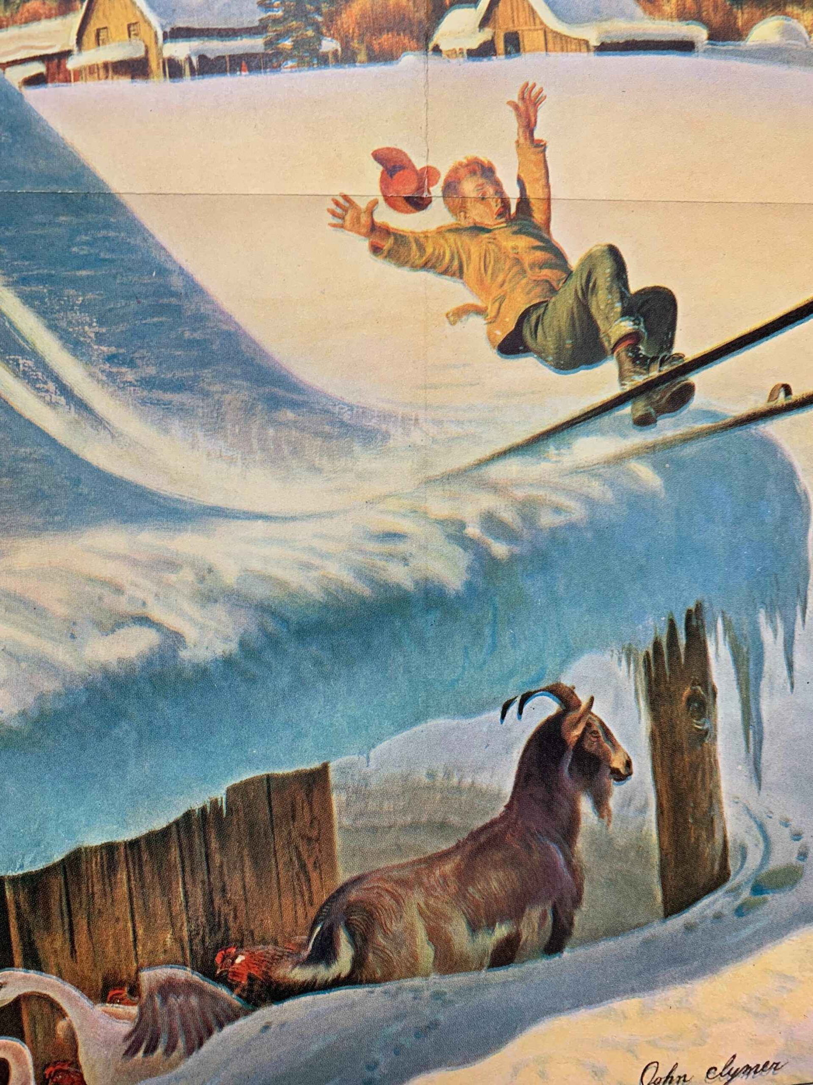 22x28 1951 Newstand Poster Saturday Evening Post - Art By John Clymer barn Skiing - 4