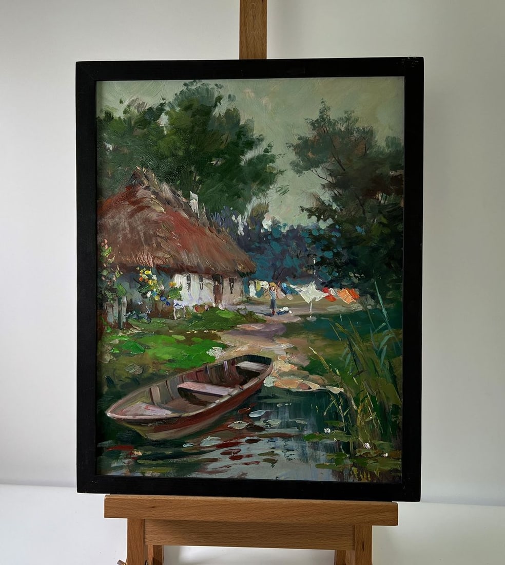 Oil painting Boat on the shore Yuriy Suprunchuk: Title: Oil painting Boat on the shore Yuriy Suprunchuk Description: NoAAA5683The Oil painting Cardboard titled "Boat on the shore" transports the viewer into a serene rural setting where everyday simp