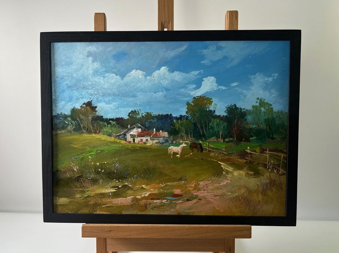 Oil painting Village with horses Yuriy Suprunchuk: Title: Oil painting Village with horses Yuriy Suprunchuk Description: NoAAA5766The Oil painting Cardboard titled "Village with horses" captures the serene charm of rural life, immersing the viewer in 