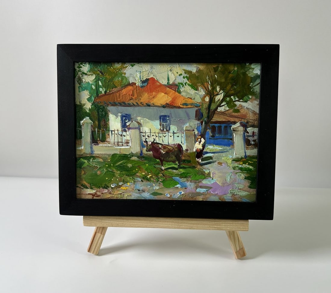 Oil painting A cow near the house Yuriy Suprunchuk: Title: Oil painting A cow near the house Yuriy Suprunchuk Description: NoAAA5776The Oil painting Cardboard titled "A cow near the house" offers a vibrant and nostalgic glimpse into rural life, where t